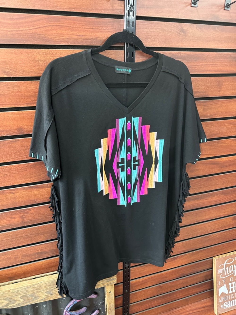 Embroidered Black V-Neck Tunic with Colorful Aztec Motif